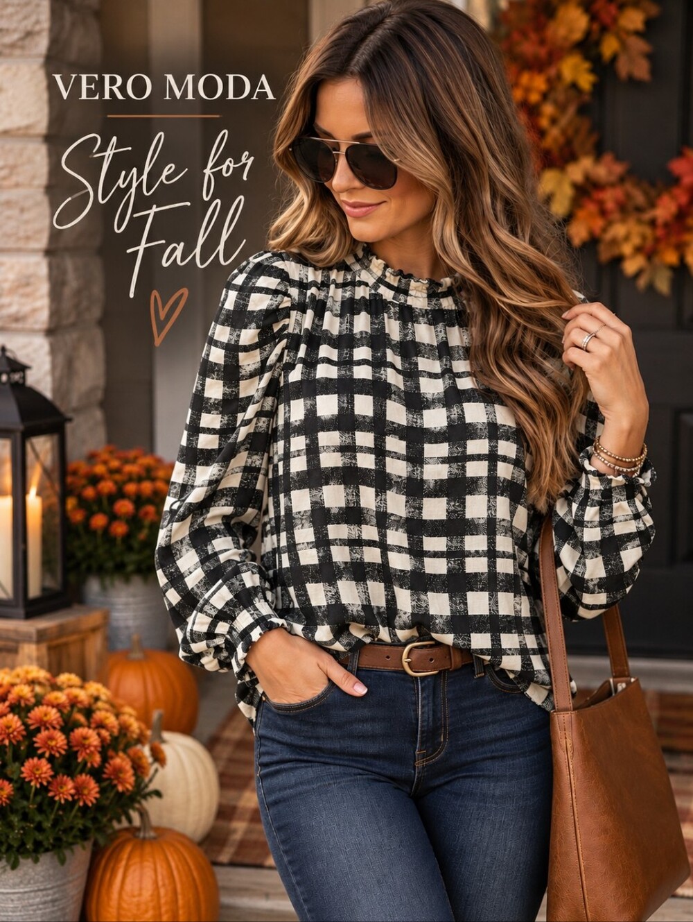 Vero Moda Black & Cream Plaid Puff Sleeve Blouse Med